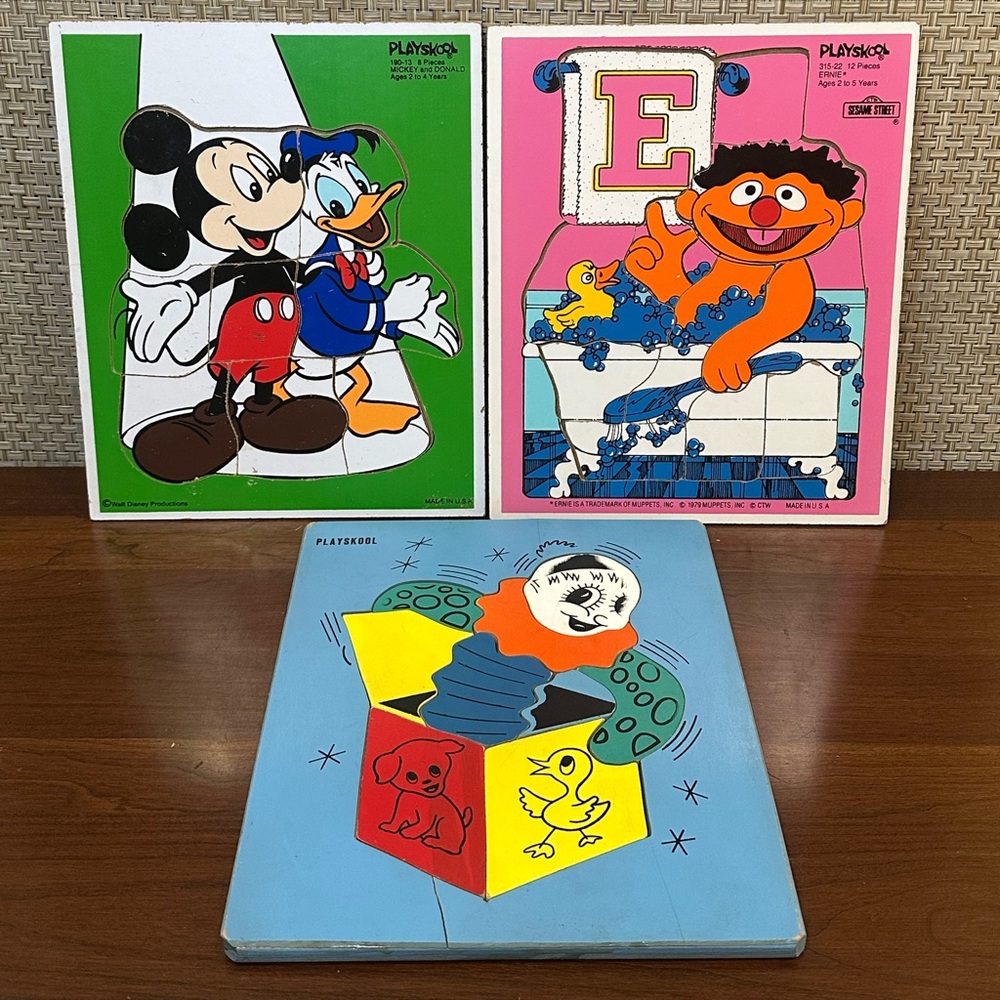🌟HP🌟VTG 1979 Set of 3 Playskool Disney, Sesame Street Wood 9 Piece Puzzles
